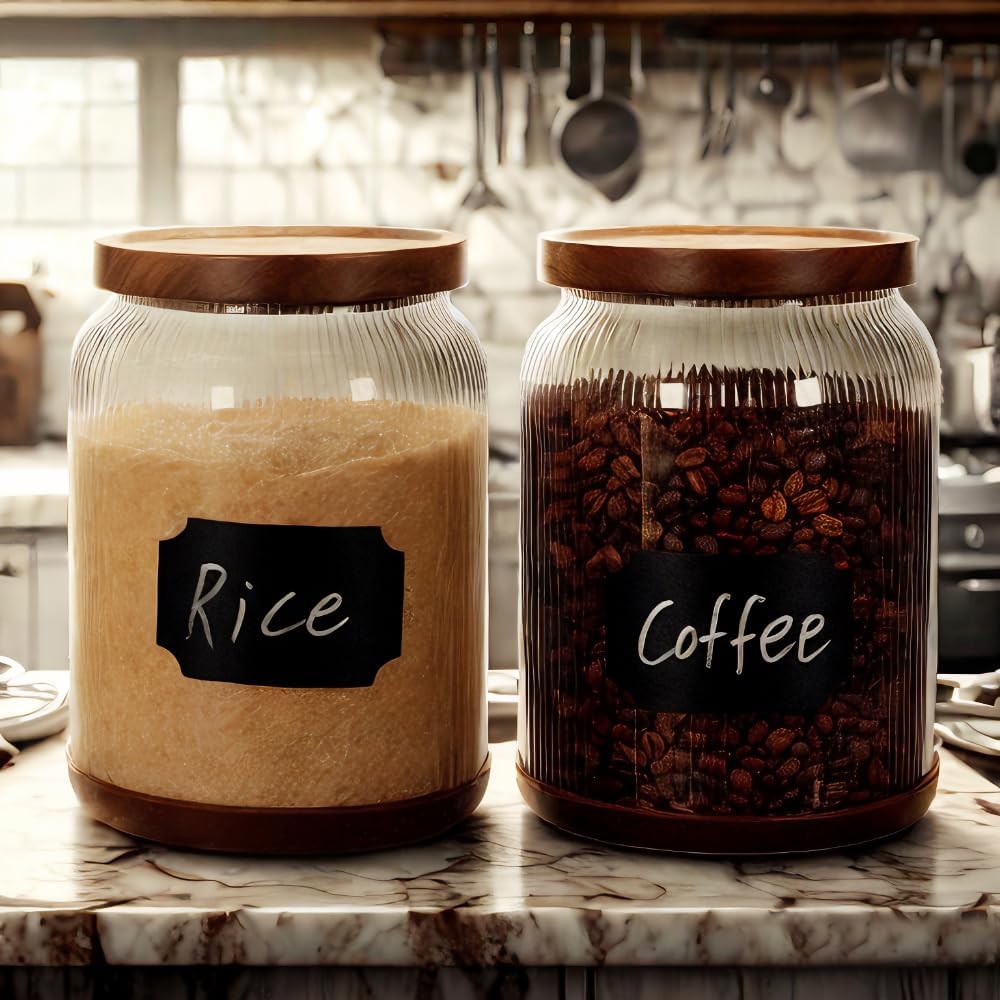 SAIOOL 2-Pack Striped Borosilicate Glass Airtight Canisters - Big mouth Large Capacity, Acacia Wood Lid, Food Storage Jars for Flour, Pasta, Pantry Organization (3/4 Gallon (2 Striped pack)) - Image 4