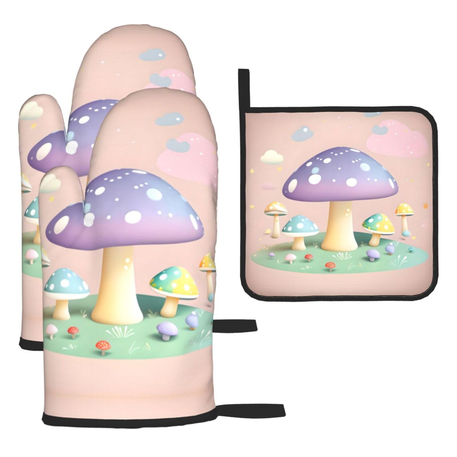 Cartoon mushroom Oven mittens and oven mitts three-piece set suitable for oven, grilling, baking, microwave and home cooking.