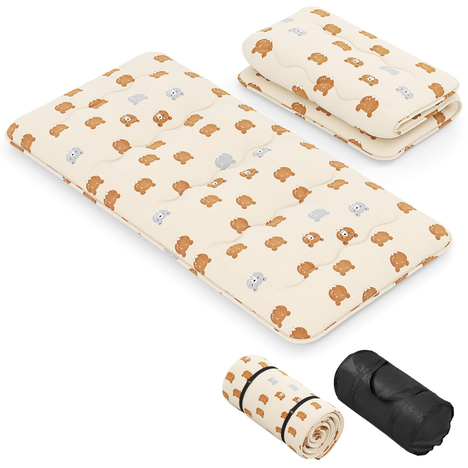 GIANTEX Materasso da pavimento Futon Giapponese, Tappetino Tatami Pieghevole e Portatile, Materasso Pieghevole con Borsa da Trasporto e Fodera Rimovibile (Beige+Orso, 90 x 200 cm)
