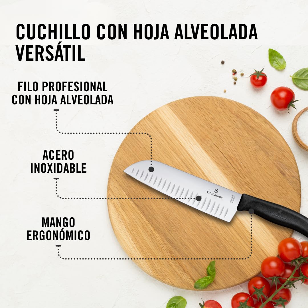 Victorinox Swiss Classic Cuchillo de cocina/Santoku, con hoja de 17 cm y filo alveolado, fabricado en acero inoxidable y de color negro
