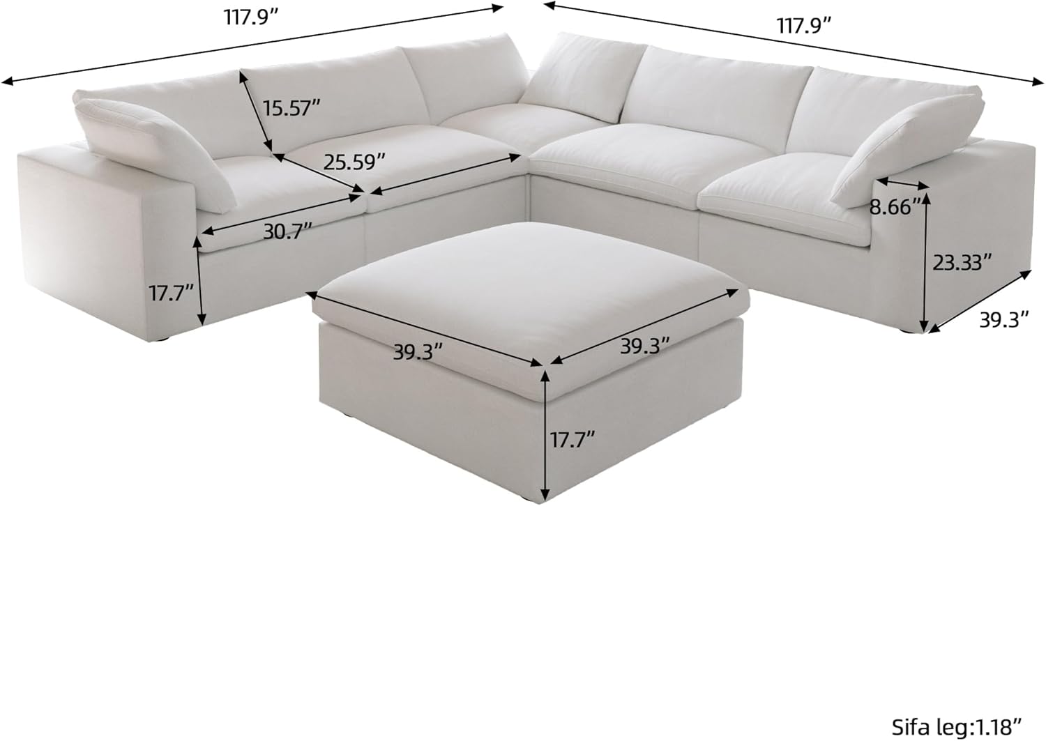 160.6" Cloud Modular Sectional Sofa with Storage Ottomans, V Shaped Minimalist Sofa Couch, Convertible Couch Deep Seat for Living Room Sofa Sets,Sofa Covers Washable&Replaceable,White