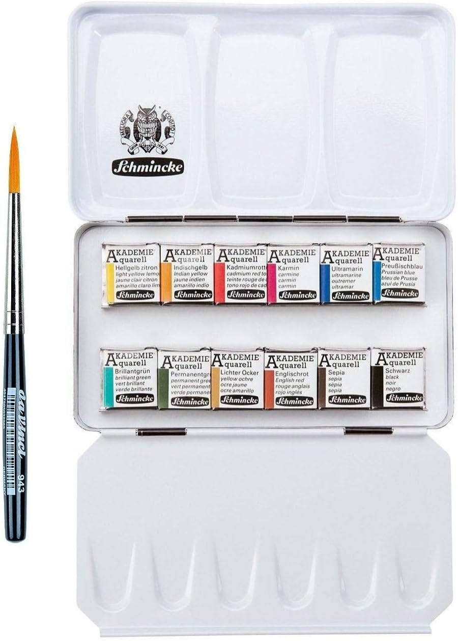 Schmincke : Akademie Watercolour Paint : Set of 12 Half Pans with 1 Davinci Brush Trip