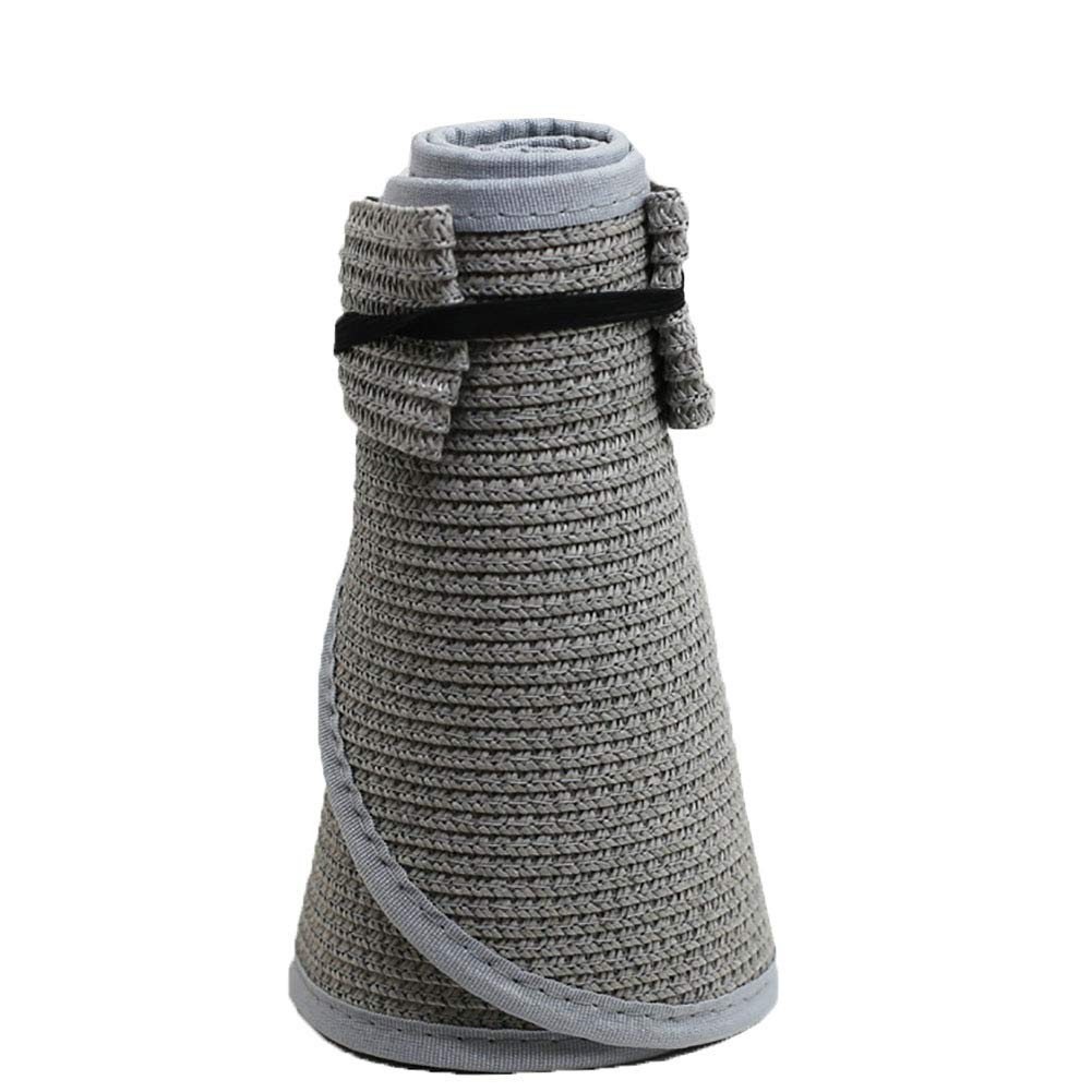 Ulalaza Women's Summer Foldable Straw Sun Visor w/Cute Bowtie UPF 50+ Packable Wide Brim Roll-Up Visor Beach Hat Gray