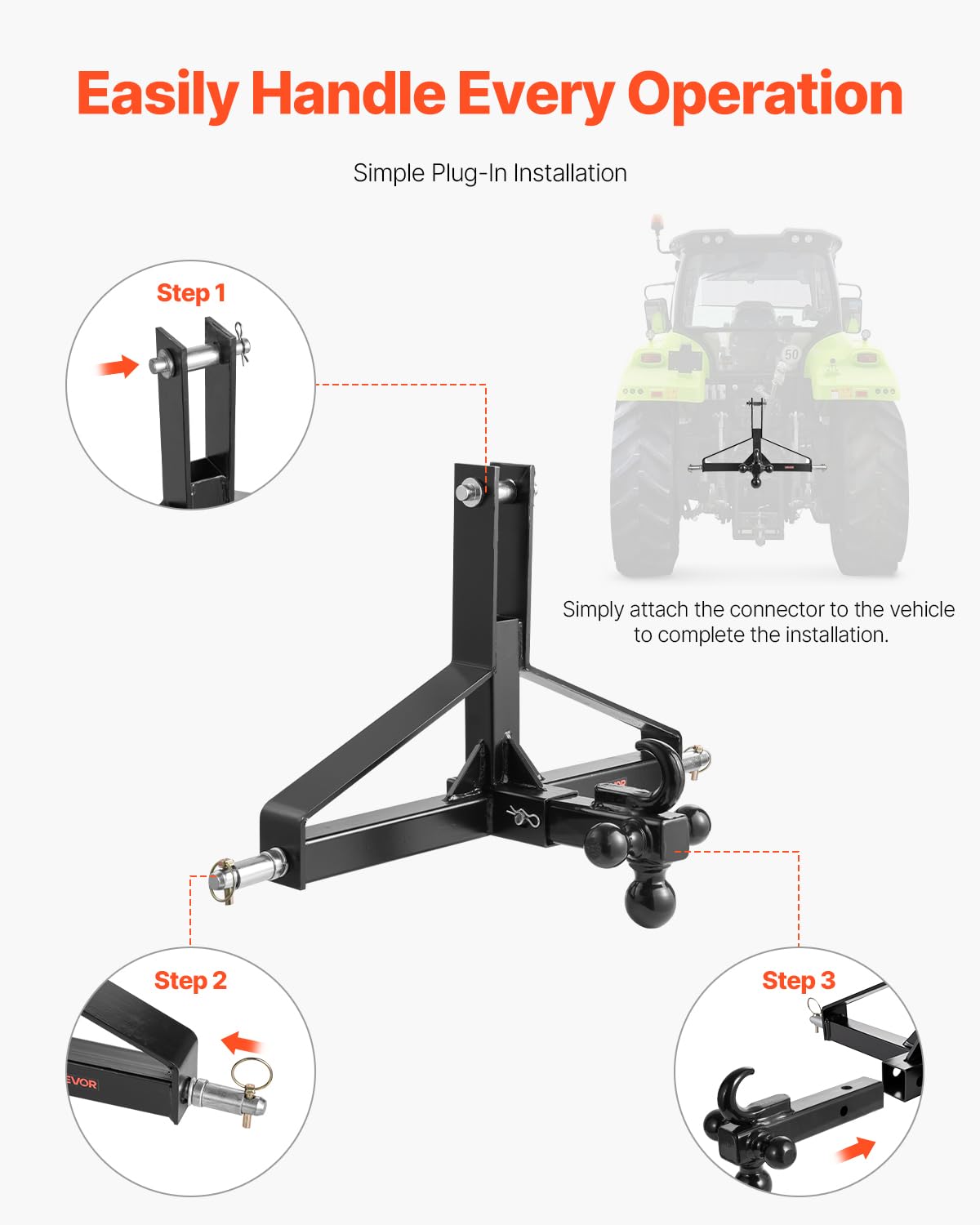 VEVOR 3-Punkt-Anhängerkupplung 660x165x450 mm, 3-Punkt-Schnellkupplungsaufsatz, Traktor-Dreipunktaufnahme, kompatibel mit Kubota, Mahindra, Ford, Yanmar, John Deere, Massey Ferguson