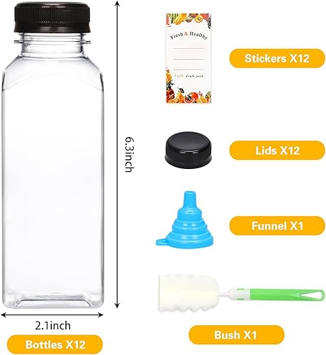 Miniatura 2 de Moretoes 12 botellas de plástico para jugo de 12 onzas con tapas, botellas transparentes reutilizables para jugo, recipientes vacíos para bebidas