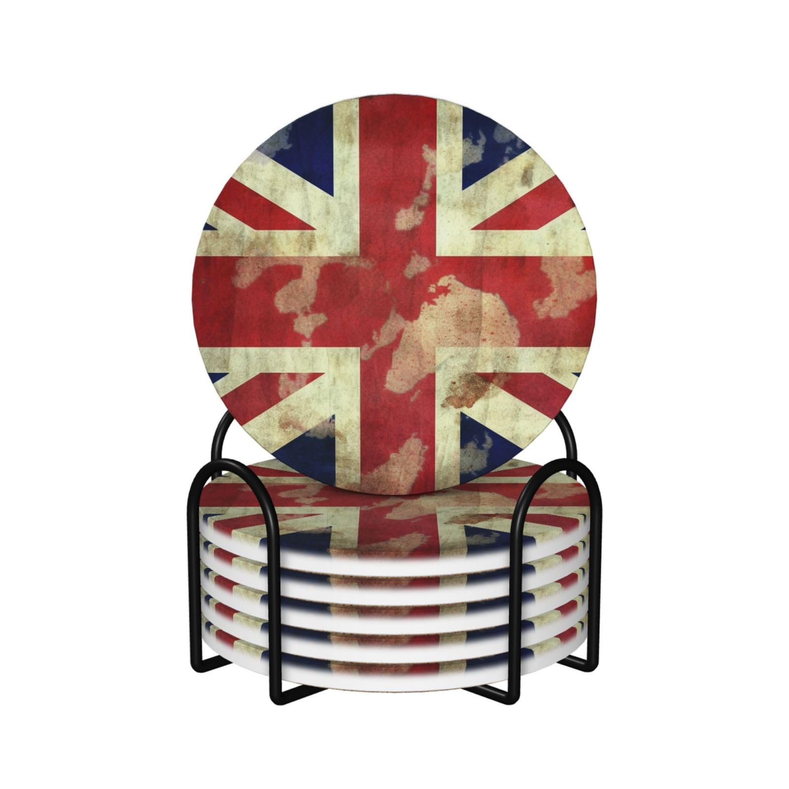 Vintage Union Jack British Flag Coasters Set of 6 Ceramic Coaster with Holder Absorbent Coasters for Drinks Heat Resistant Coffee Table Coasters Cup Pad for Kitchen Office Home Decoration