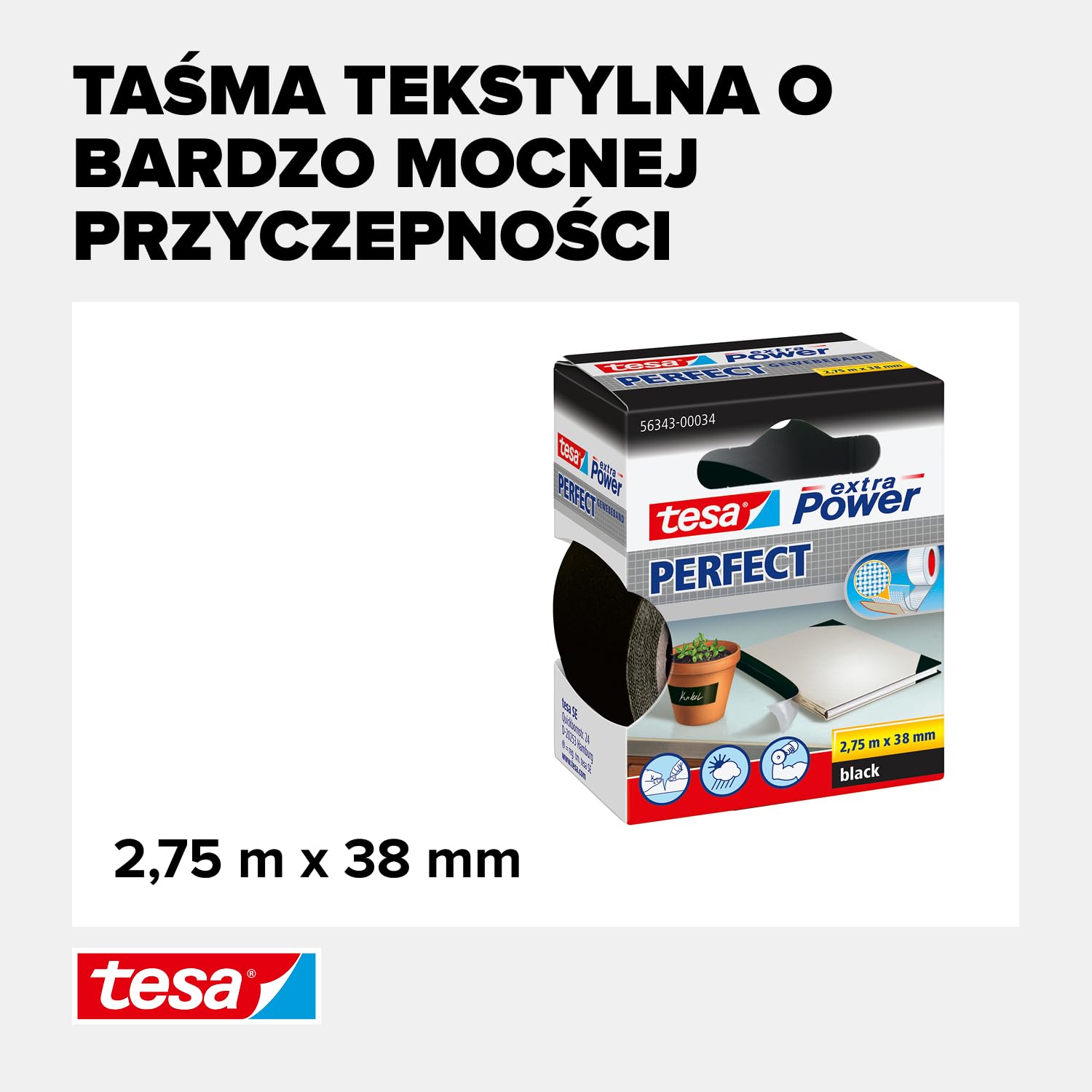 Tesa extra Power Perfect tkaninowa taśma klejąca do majsterkowania – samoprzylepna taśma wzmacniana tkaniną – szeroka gama zastosowań – 2,75 m x 38 mm, czarna