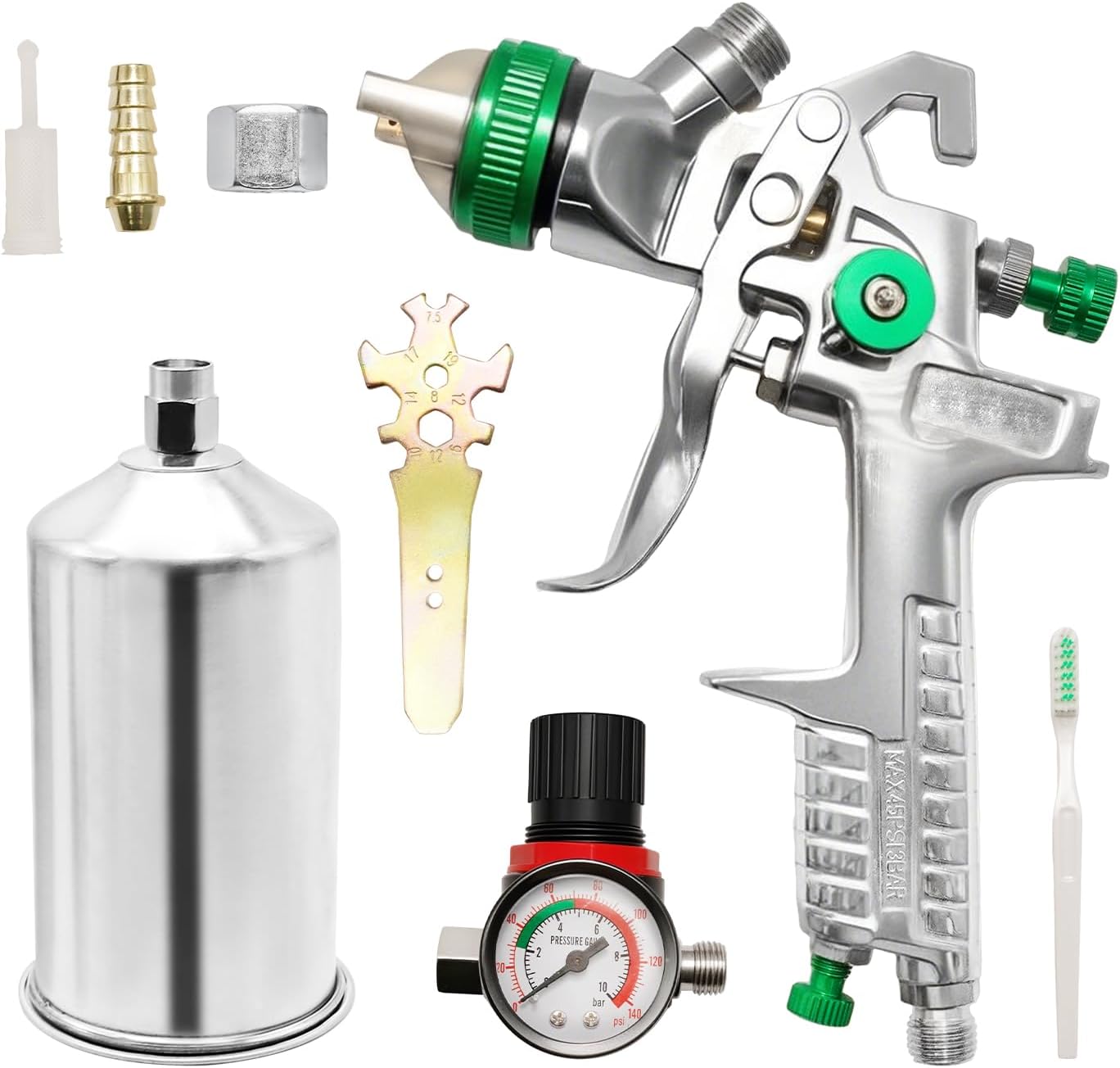 Saihisday 2.5mm Gravity Paint Gun HVLP Spray Gun Auto Body Repair Paint Spray Gun with Regulator Paint Primer Metal Flake 1L 1.4mm/2.5mm Needle and Nozzle for House Painting Car Furniture Spraying