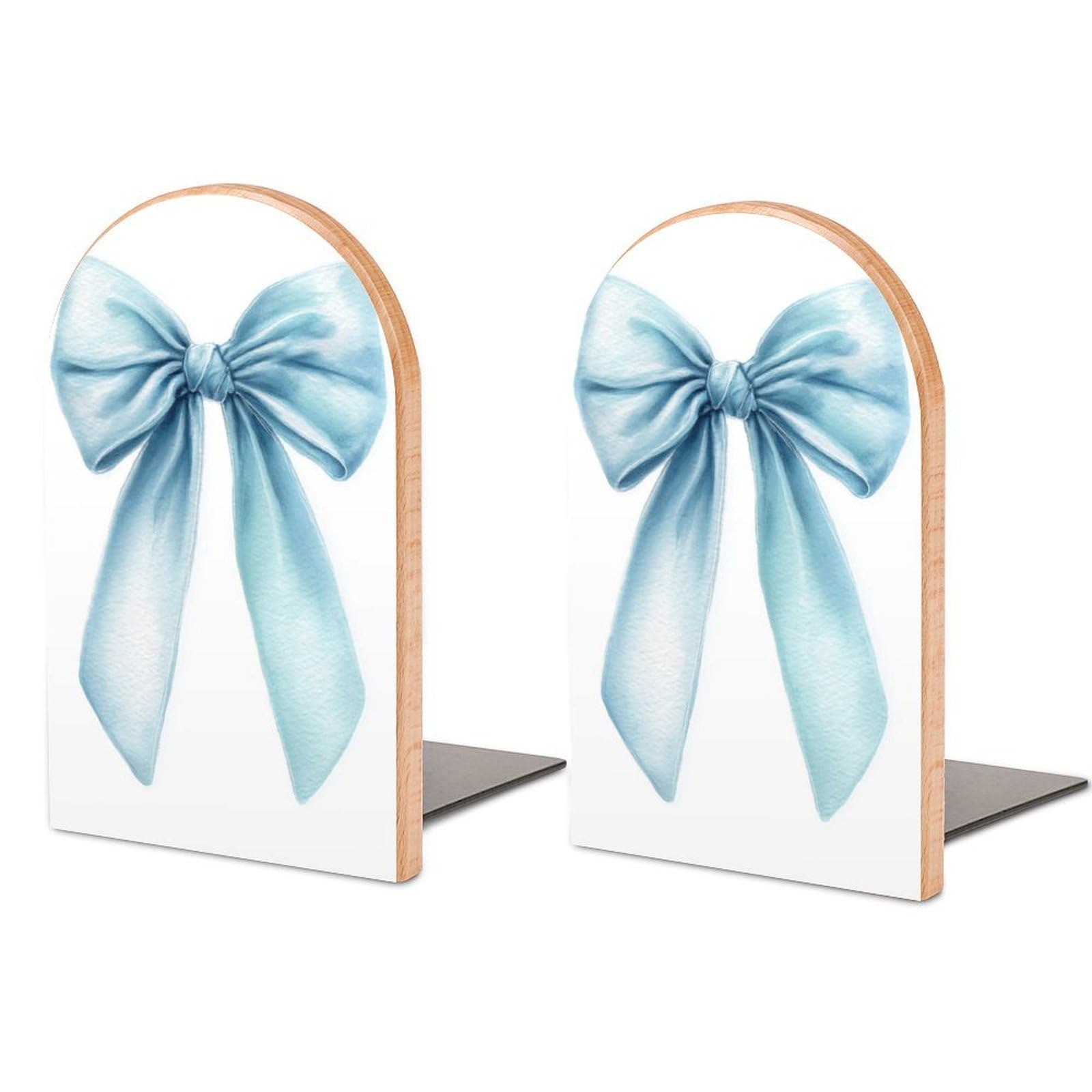 Watercolor A Light Blue Ribbon Bow Wooden Bookends Shelves 2 PCS Sturdy Book Holders Desktop Organizer for Home Office Libraries
