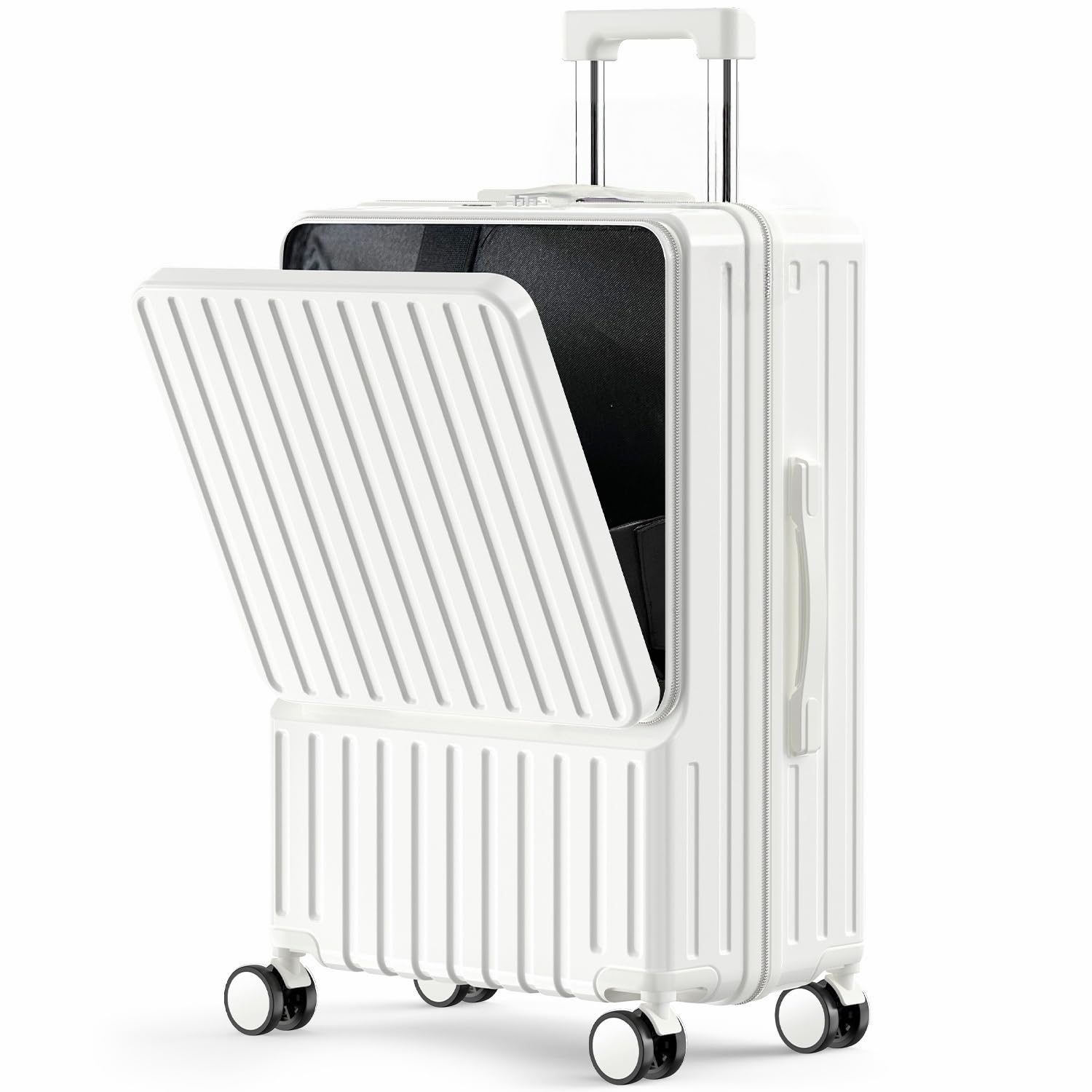 [BARGOHOY] スーツケース フロントオープン 多機能 キャリーケース 軽量 カップホルダー付き 隠しフック機能 キャリーバッグ USBポート付き 耐衝撃 静音 360度回転 TSAローク ファスナータイプ キャリーバッグ 人気 おしゃれ 旅行 ビジネス 出張 修学 泊まる 入院 (ホワイト, Mサイズ/63L(4～7泊))