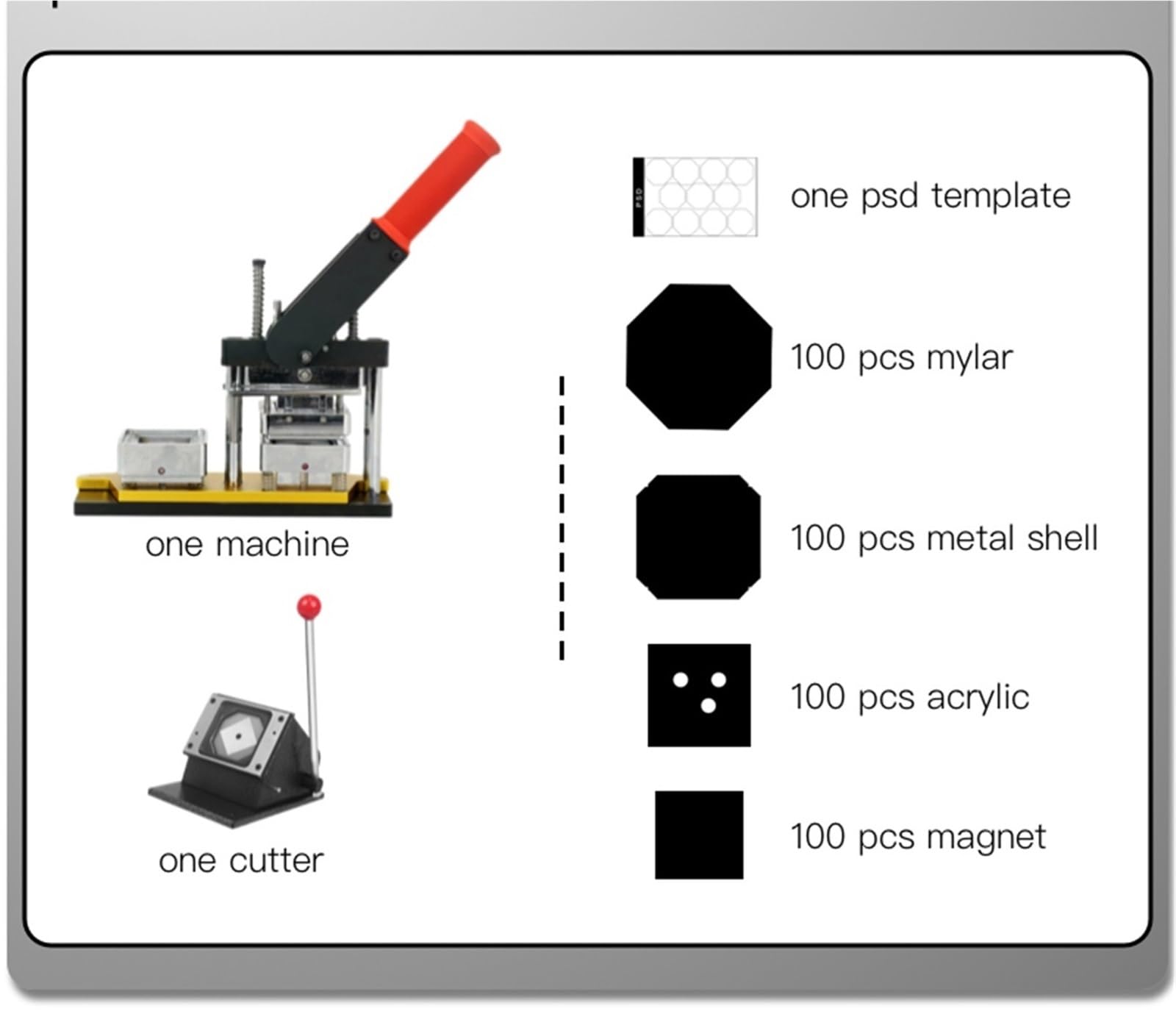 Button Badge Press Maschine Maschinensatz zur Herstellung quadratischer Kühlschrankmagnete aus Stahl mit 100-teiligem Materialsatz