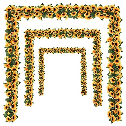 Waydress 8 Pieces Artificial Sunflower Garland Silk Sunflower Vine Faux Flowers with Green Leaves 8 feet Sunflower Decor Hanging Artificial Sunflower for Wedding Table Garden Craft Party Decoration