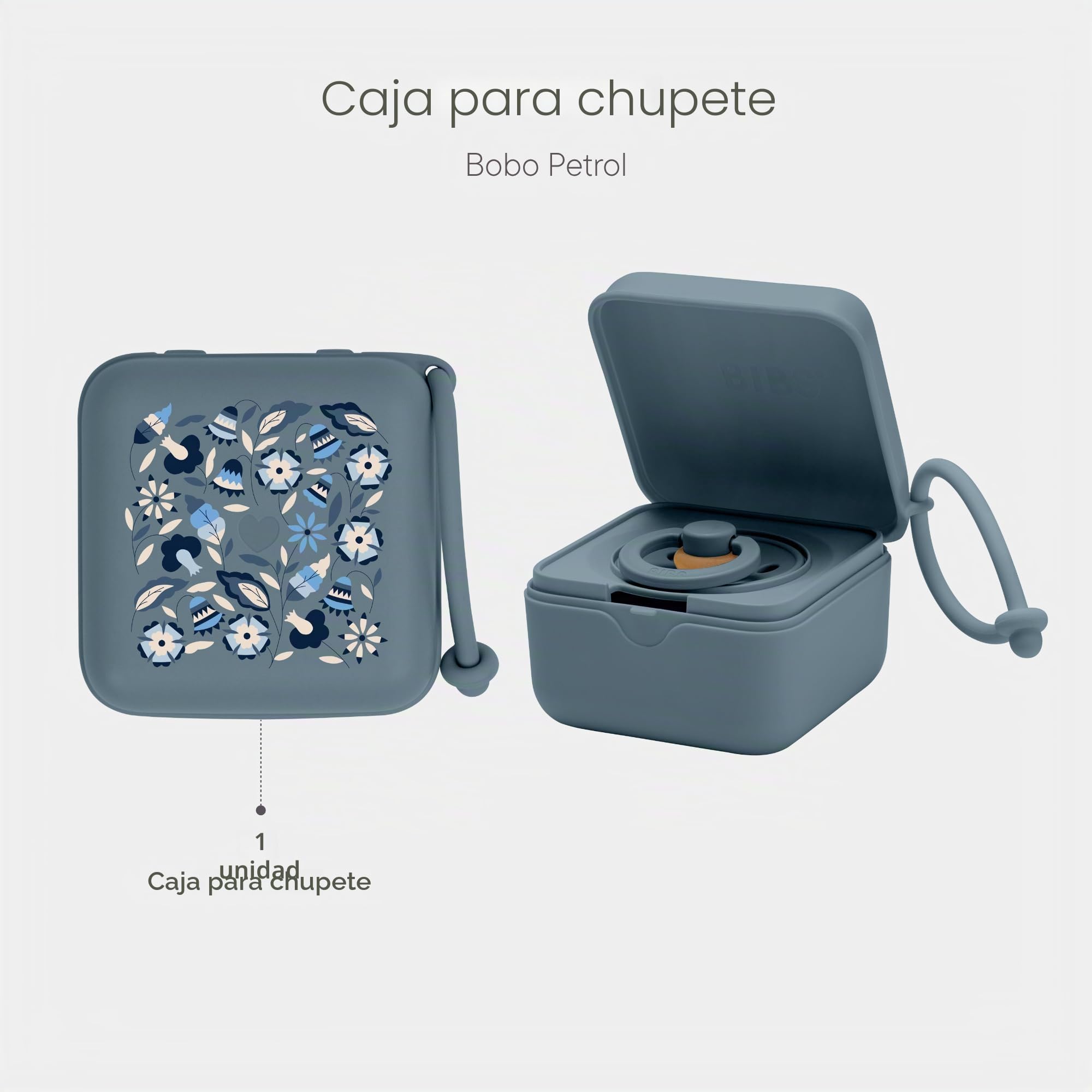 BIBS Liberty Caja con correa para chupete. Broche para chupete y caja esterilizadora. Material de calidad alimentaria libre de BPA 100% - Bobo Petrol