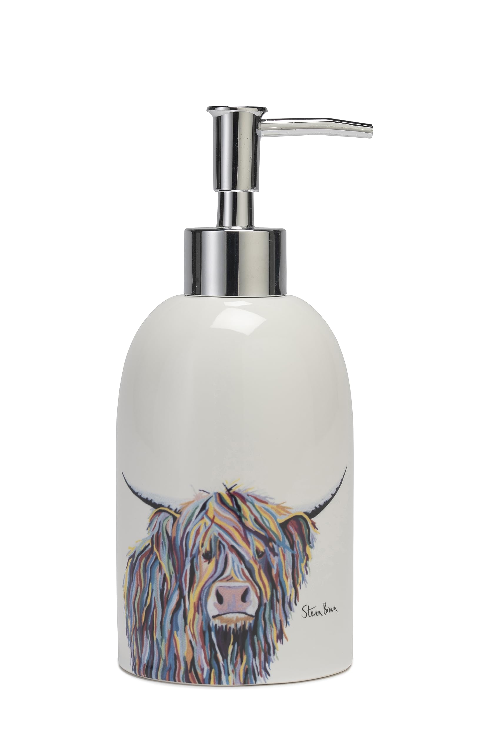 Croydex Ceramic Hand Soap Dispenser with Chrome Pump - Steven Brown Angus McCoo Artwork, 350ml Liquid Soap Dispenser, Highland Cow Gifts, Must Have Bathroom Accessory