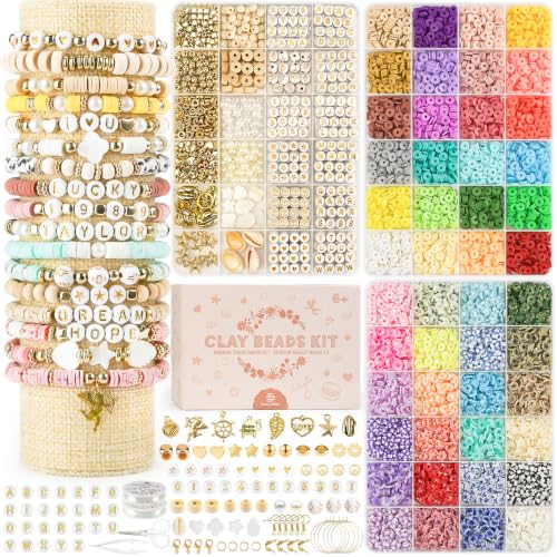 Dowsabel 3 Boxes Clay Beads Bracelet Making Kit Boho Chic for Girls Adults | 10800pcs Beads for Jewelry Making with Letter Beads for Friendship Bracelets DIY Arts and Crafts