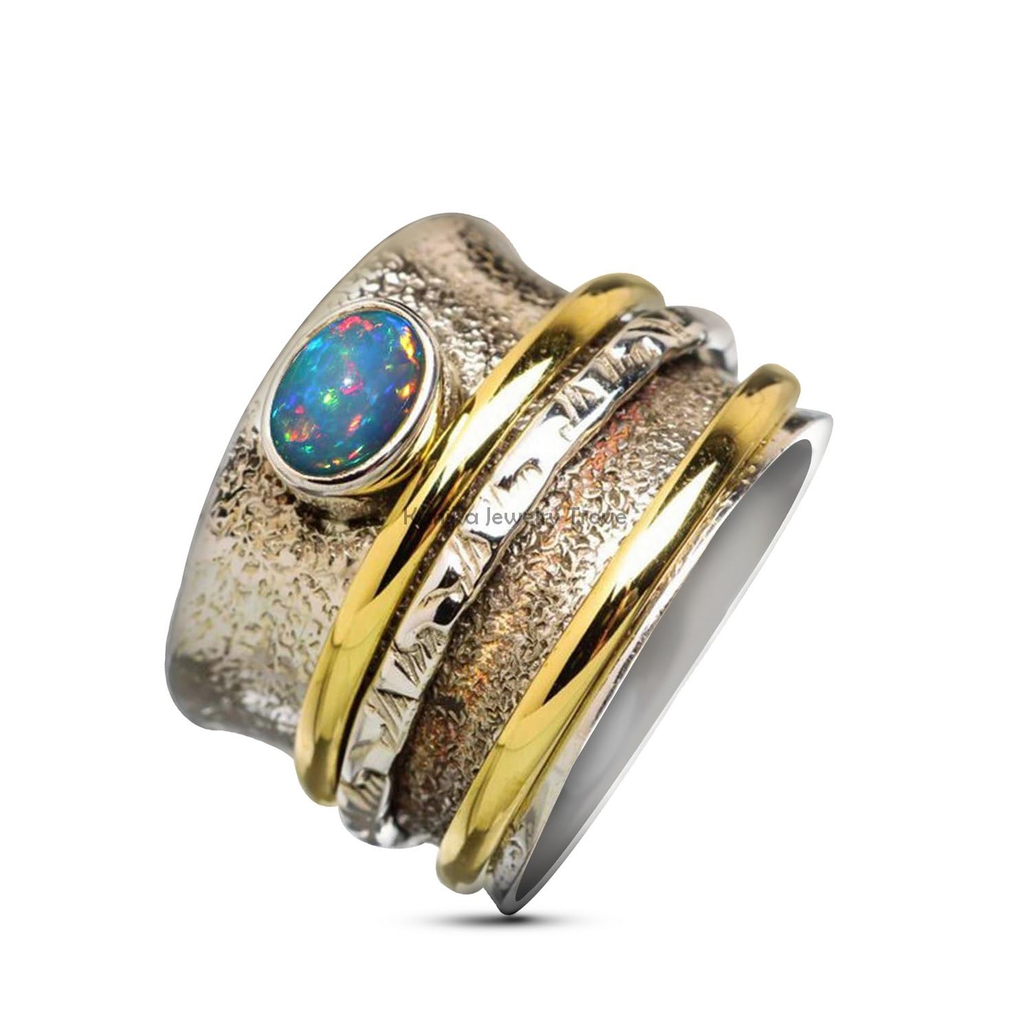 Anillos de plata de banda ancha para mujer,Ethiopian Opal Spinner Ring, Three Band Ring, Anxiety Ring, Sterling Silver Textured Ring, Statement Ring