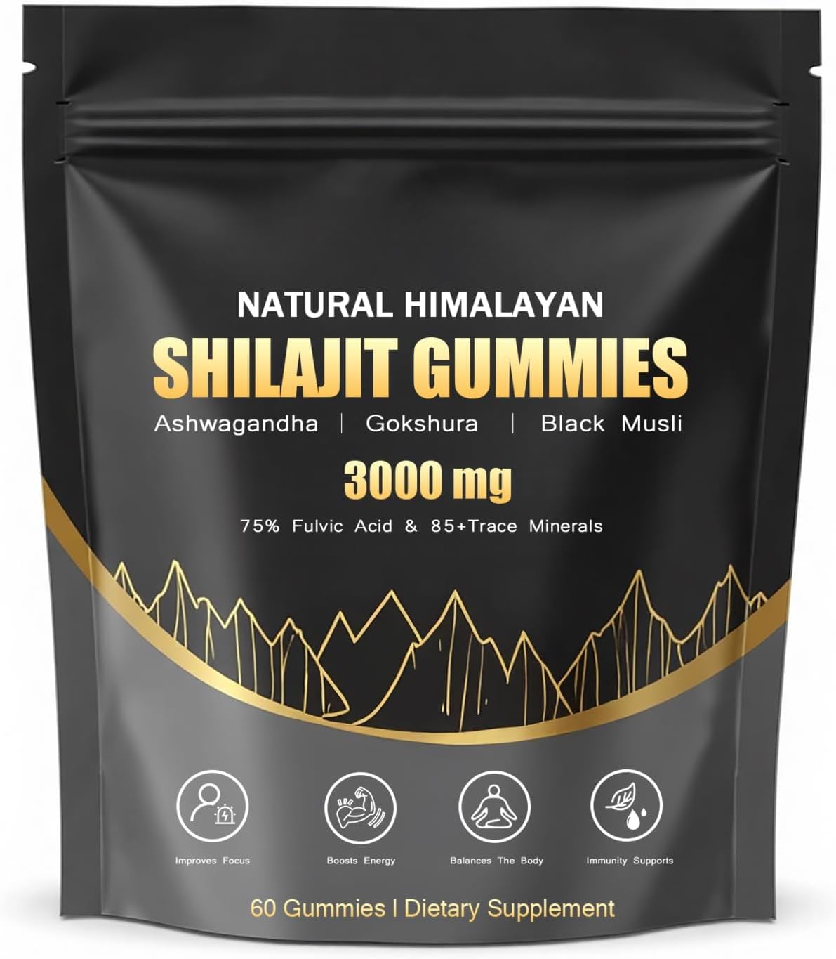 Puranutra Shilajit Gummies, Natural Himalayan Shilajit Gummies for Women & Men, with Ashwagandha, Gokshura, Black Musli, 75% Fulvic Acid, 85+Trace Minerals, Non-GMO, 100% Natural, 60 Gummies