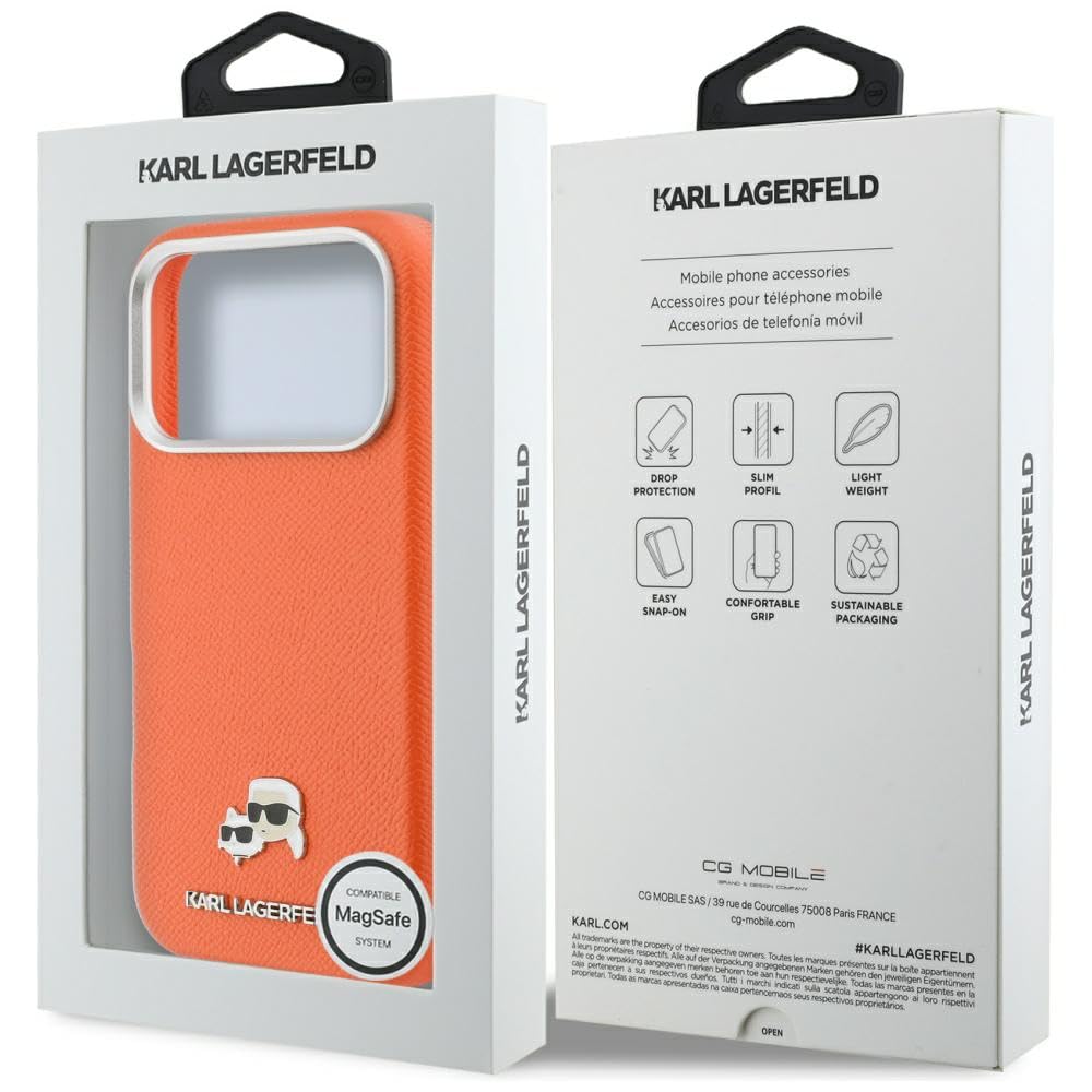 CG MOBILE Karl Lagerfeld Karl & Choupette Saffiano - Funda para iPhone 17 Pro Max compatible con MagSafe (naranja)