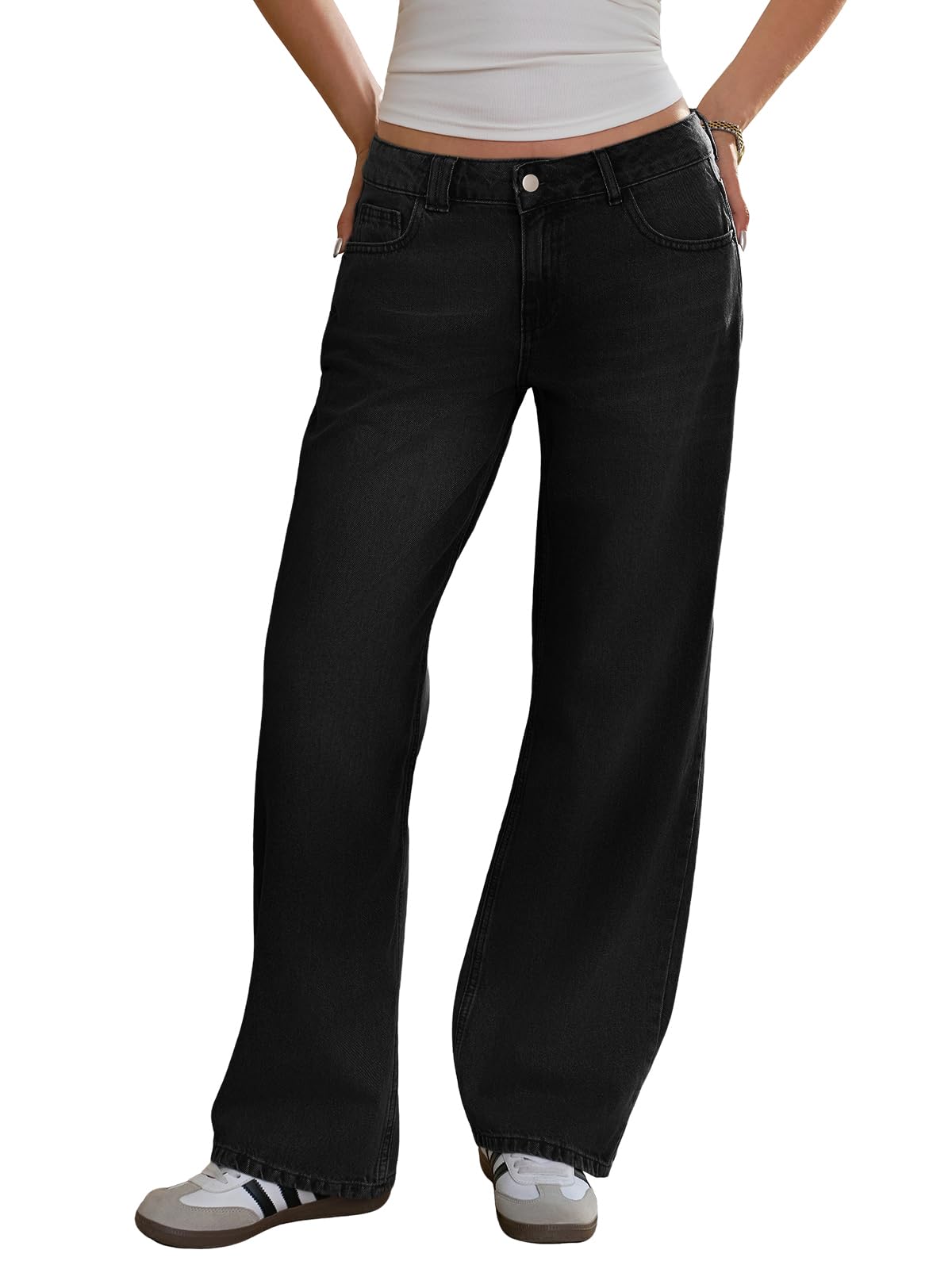 Fisoew Pantalones vaqueros holgados para mujer, pierna ancha, cintura alta, rectos, holgados