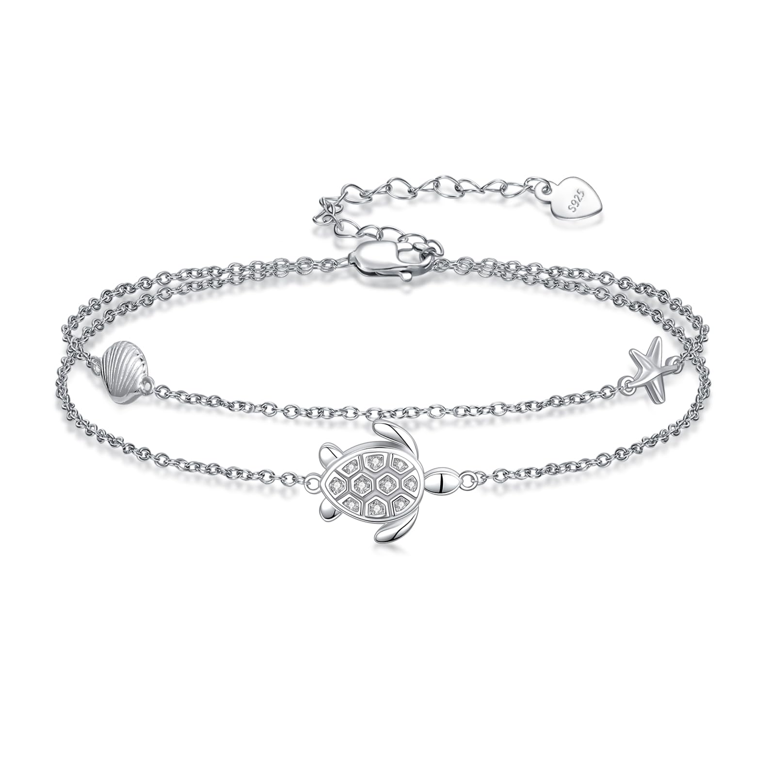 Tobillera con diseño de tortuga marina de diamante para mujer, plata de ley 925, diseño de capas con diamantes de laboratorio, regalo de joyería de cumpleaños