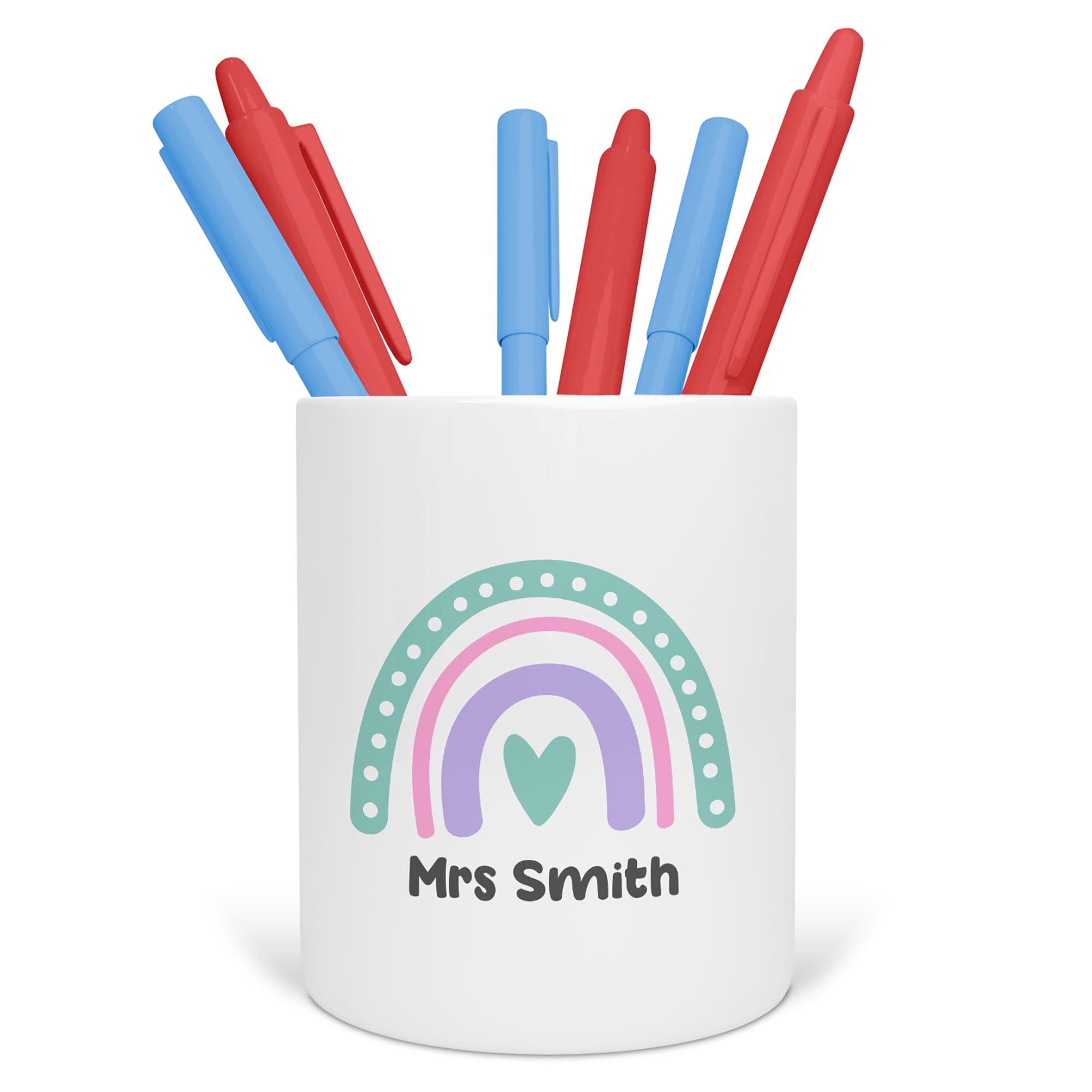 Personalised Teacher Pen Pot - Custom Rainbow Desk Organiser for School, Nursery or Office - End of Term Gift for Teaching Assistant, TA - Ceramic Pencil Holder (Pink Purple Rainbow)