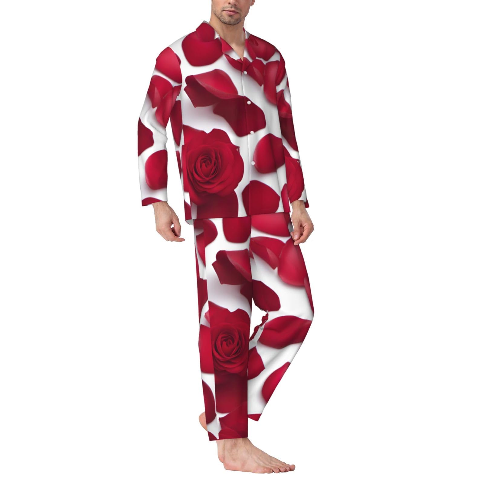 Set pigiama a maniche lunghe da uomo con stampa di petali di rosa rossa, abbigliamento da casa traspirante e accogliente per il fine settimana