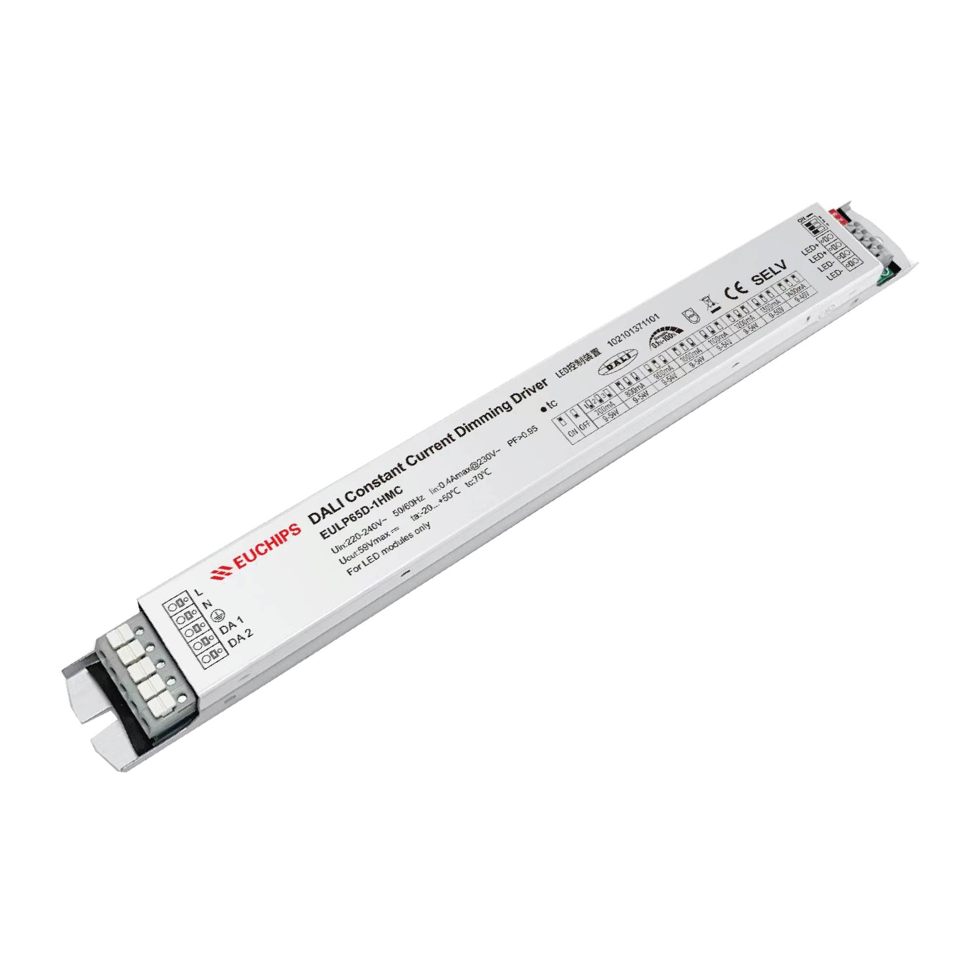 Bright Source DALI Dimmable Constant Current LED Driver, 38-65w, Optional Multistage Current 700-1400mA, Active PFC Function, for use with LED Battens & Non-Corrosive Fittings