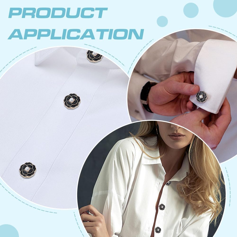 CRAFTMELODY 6Pcs Flower Cufflinks Alloy White Camellia Flower Cufflinks Flower Button Covers with Pearl Decorative Buttons Clips Golden Base Camellia Button Covers Clothing Decoration for Women Men