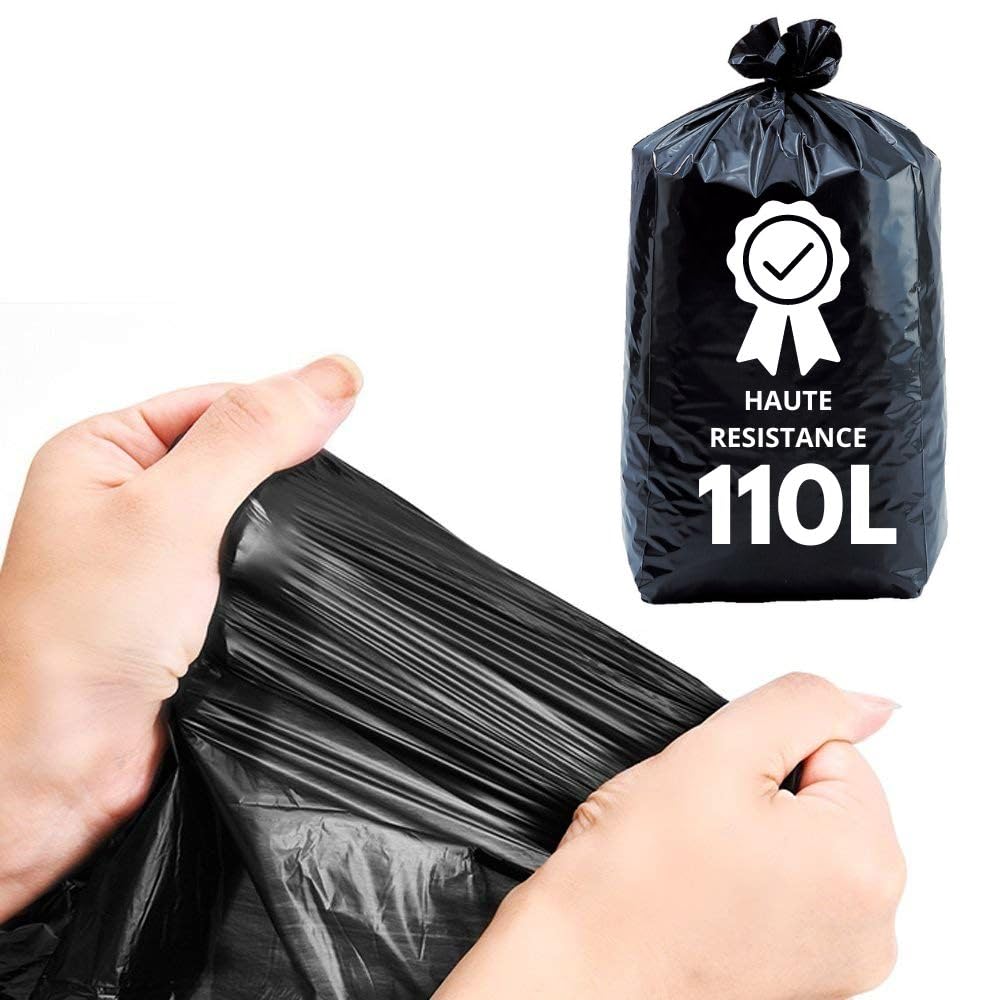 Bolsa de basura gruesa 110l | Caja de 100 bolsas negras ultra resistentes | Grosor 55 micras | Residuos Pesados, Jardín, Papeles, Alimentos | Talleres - Oficinas - Particulares