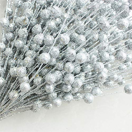 Image of Ulalaza 45pcs 11.8Inch Christmas Glitter Berries Stems Artificial Christmas Picks for Christmas Tree Ornaments, DIY Xmas Wreath, Crafts, Holiday and Home Decor, Silver