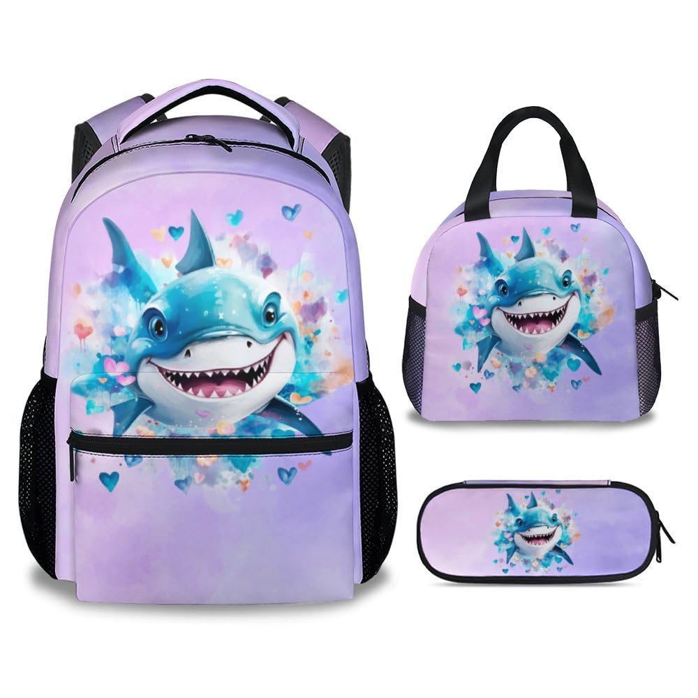 Boys Backpack with Lunch Box, Set of 3 Shark School Backpacks Matching Combo for Kids, Cute Pink Bookbag and Pencil Case Bundle
