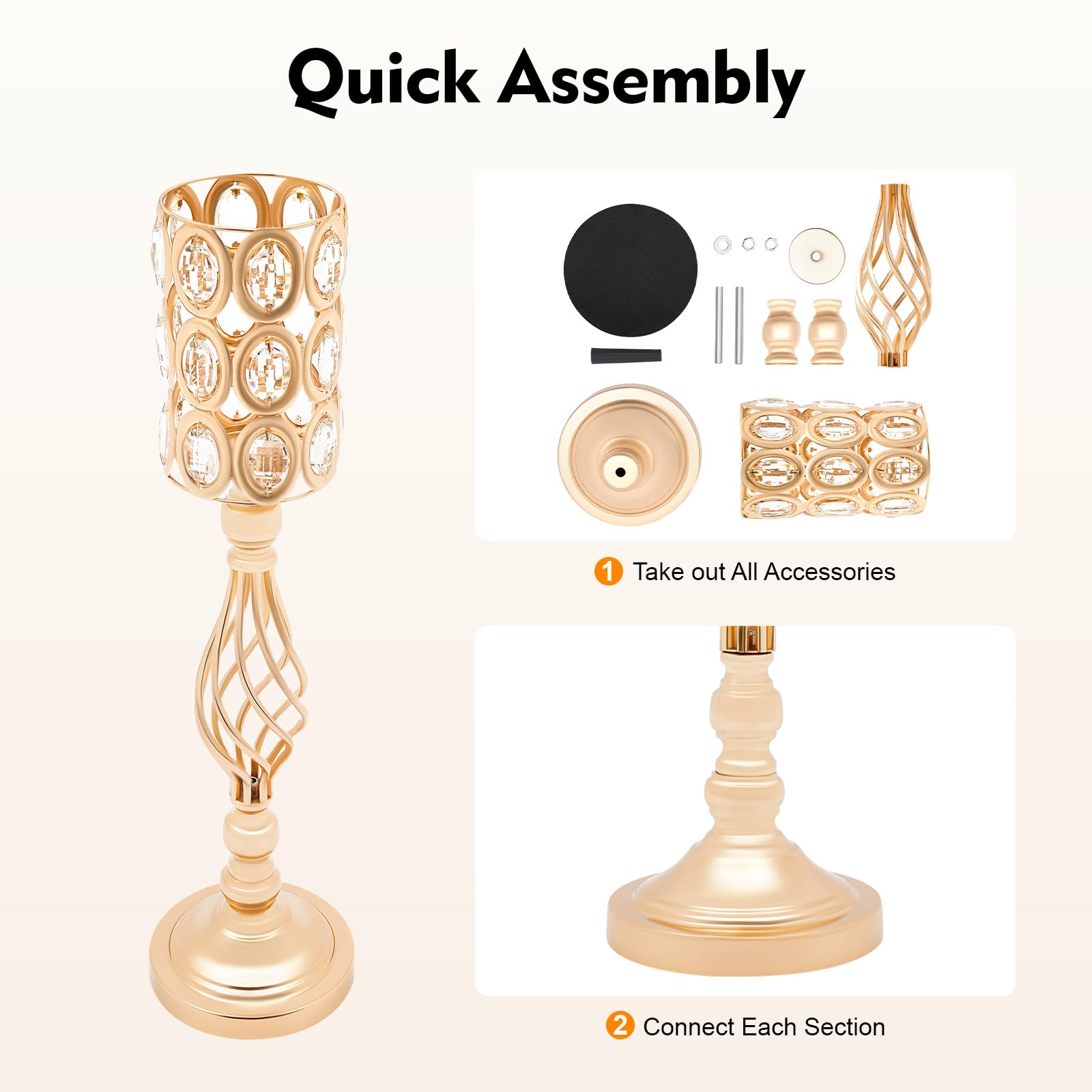 Vaso di lusso alto 61 cm, 10 vasi di fiori moderni con cristallo per decorazione da tavolo, vasi da tavolo decorativi per matrimoni, feste, oro