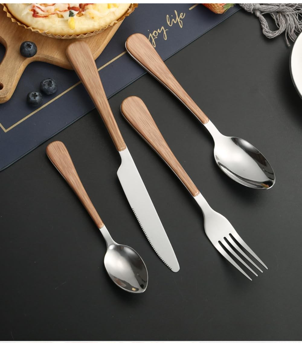 16 Piezas De Madera Sintética Con Mango Plano Para Cocina, Acero Inoxidable, Cubiertos, Vajilla, Cubiertos, Cuchillos, Tenedores, Cucharas, Juego Para 4 Personas, Hotel, Hogar, Cuchillo De Carne