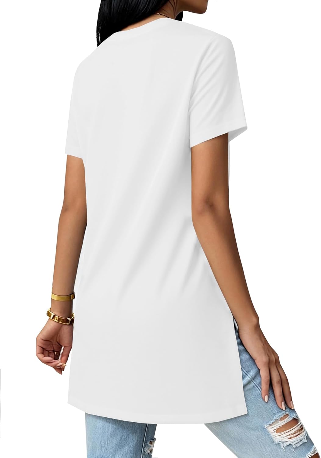 Remidoo Side Slit Tees for Women Tunic Tops Crewneck Long T Shirt Loose Fit Short Sleeve Tee - Image 2