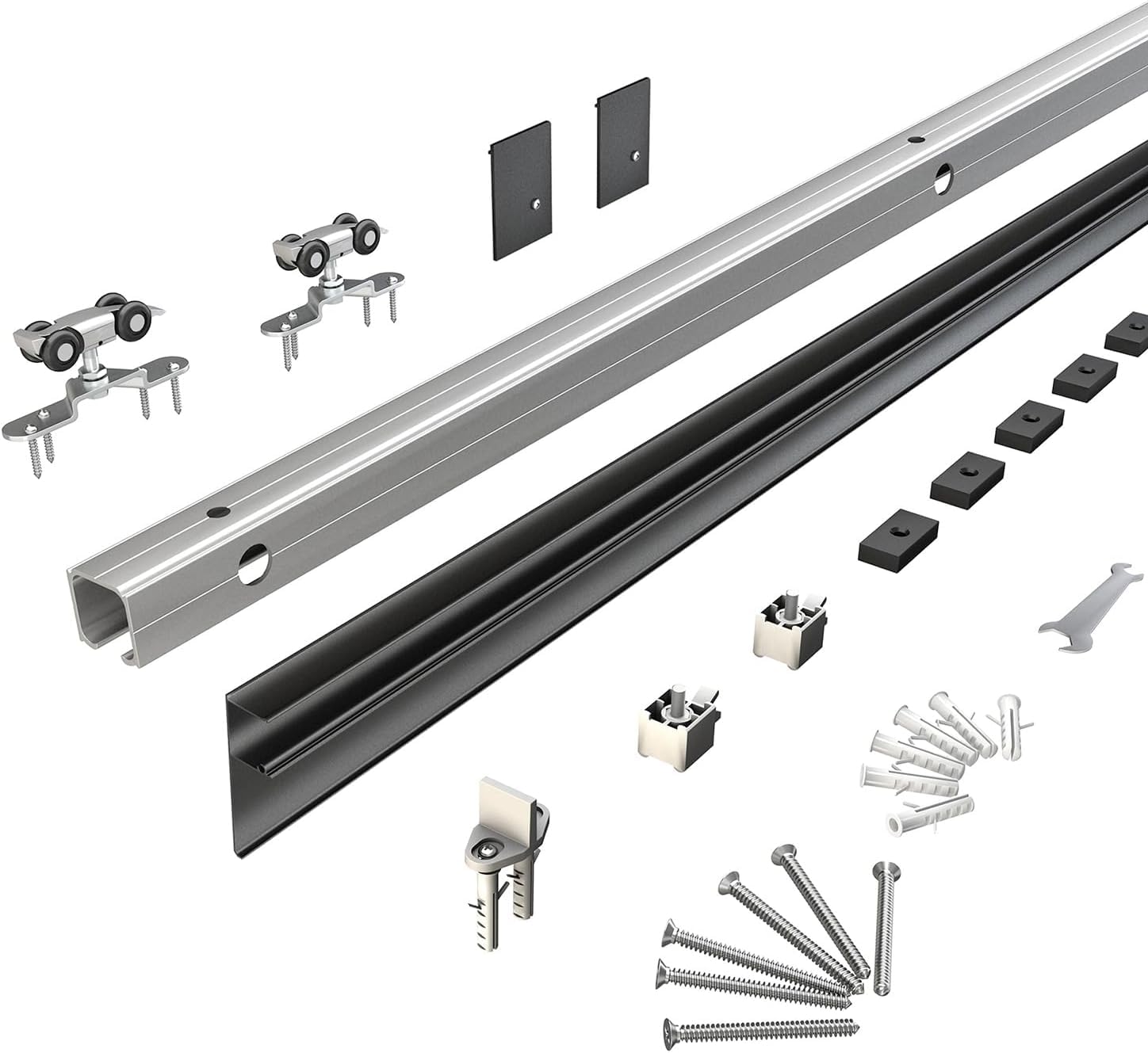 JUBEST Kit de herrajes para puerta de granero de 244 cm, riel de aleación de aluminio, herrajes ocultos para puerta corredera interior clásica y moderna, puerta de madera individual, baja holgura