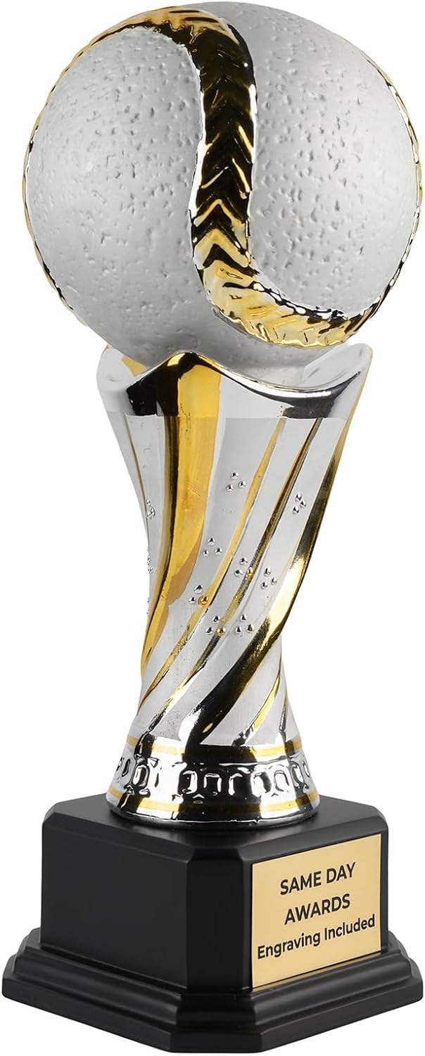 Premium Ceramic Baseball Trophy – Silver and Gold Championship Award on Ebony Base with Custom Engraving for MVPs Players Baseball Team Coach Leagues Tournaments & Special Recognition