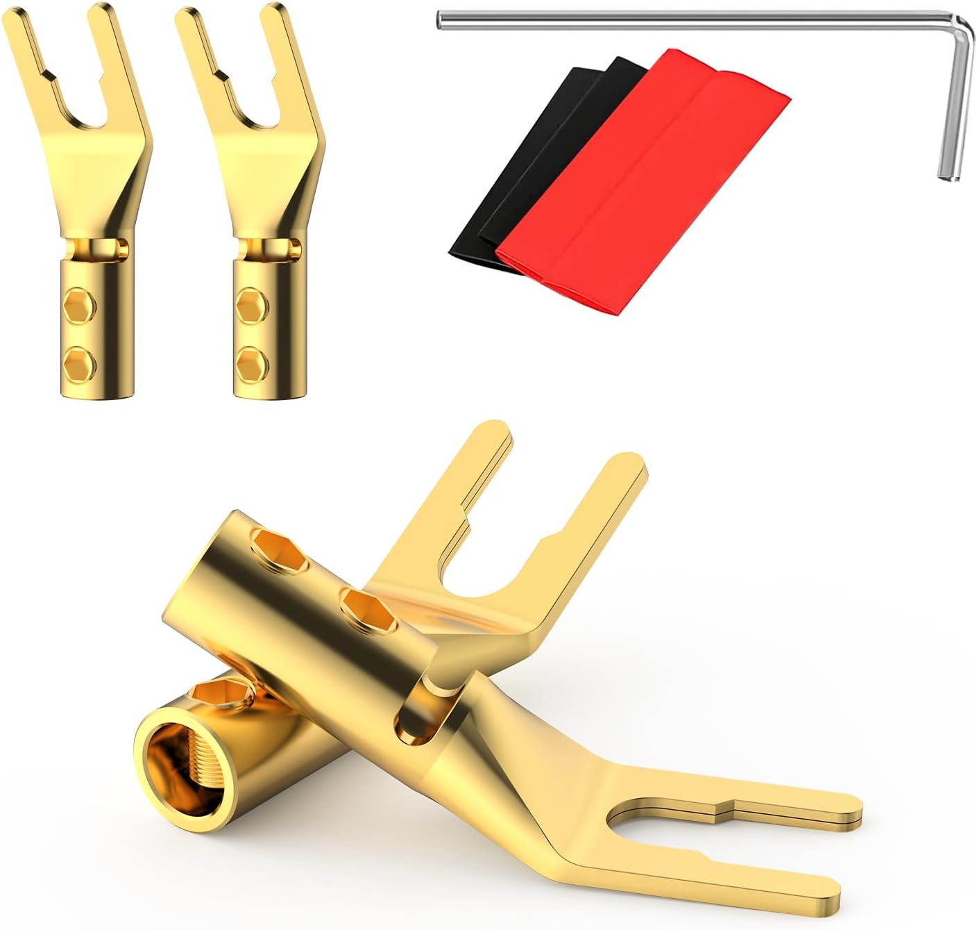 Viborg HiFi Speaker Y Spade Connectors, Screw Locking Speaker Wire Connector, Fork Spade Plug 45 Degree for Speaker Wire DIY 4PCS (Gold Plated with Heat Shrink Tube)
