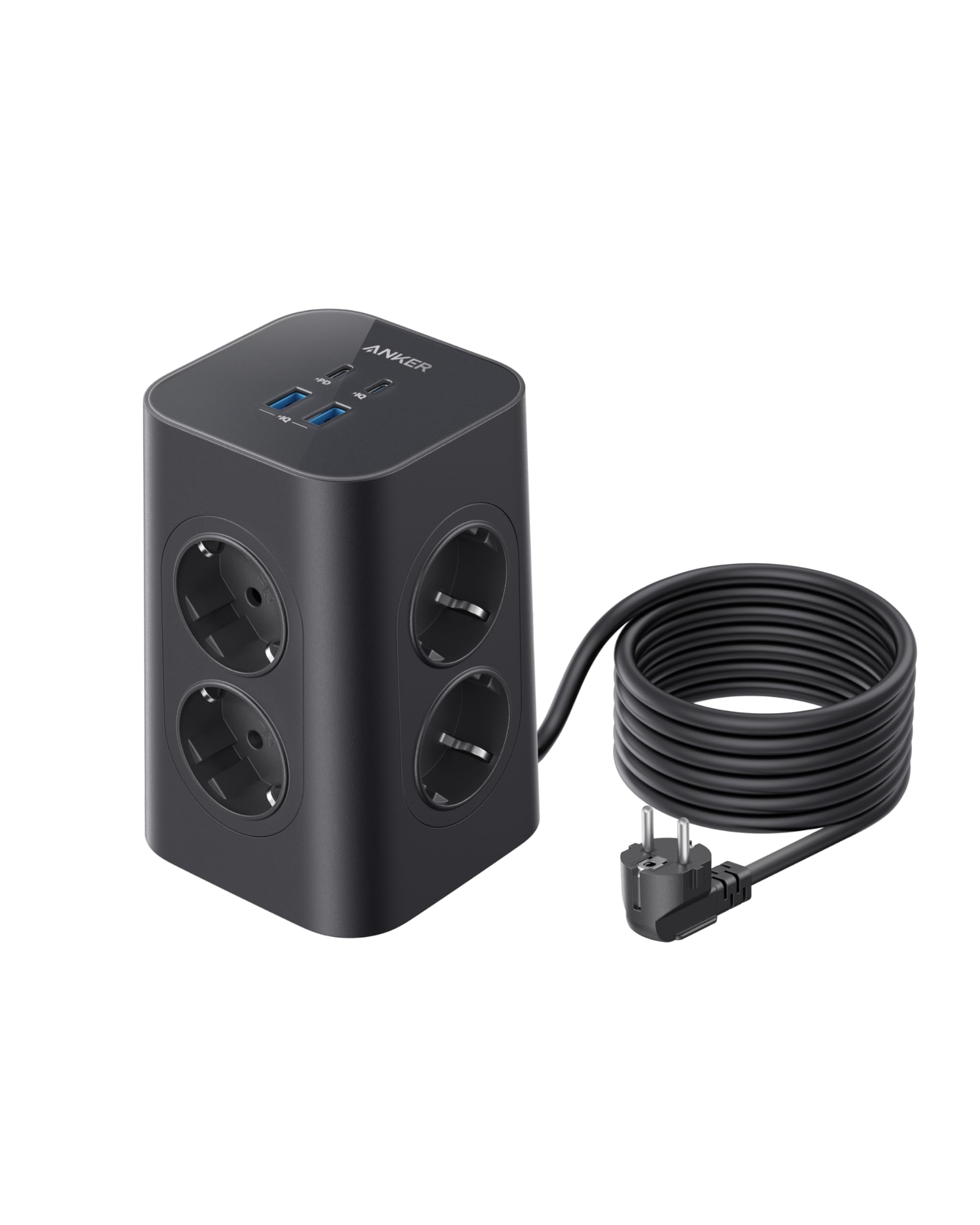Anker Mehrfachsteckdose, 8-fache Steckdosenleiste, Steckerleiste mit 4 USB, 20W USB C Schnellladen, Mehrfachsteckdose mit Schalter, 2m Kabel Steckdosenturm für Büro, Zuhause, Gaming