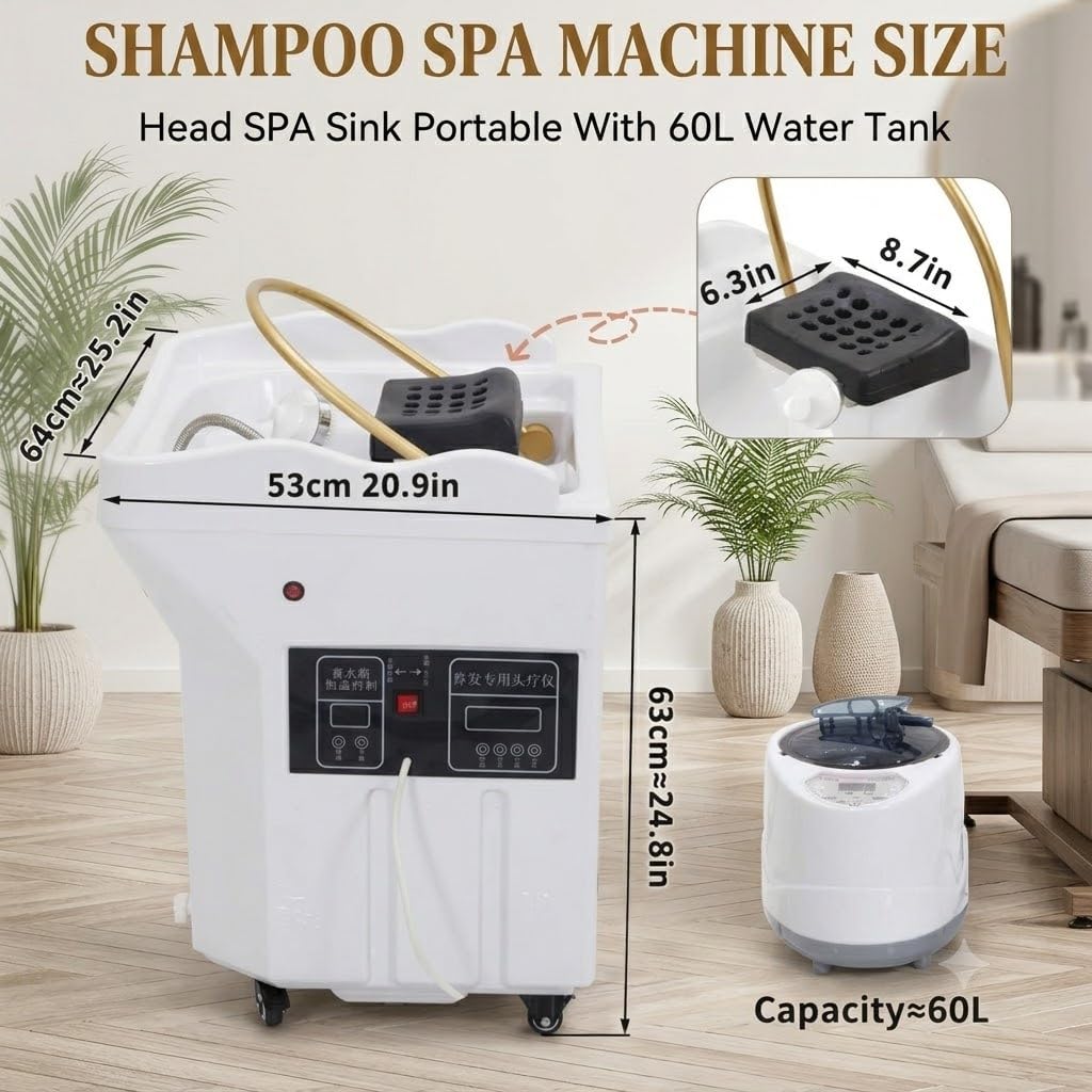 Attrezzatura Per Head Spa Lavatesta Portatile con 4 Ruote Silenziose, Serbatoio Acqua 60l, Adatta Per Spa Per la Testa e Salon di Parrucchieri