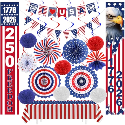 250th Anniversary Party 4th of july Decorations Set 29 PCS Red White Blue Patriotic Decor with Paper Fans Pom Poms Tablecloth Hanging Swirls and Door Banners