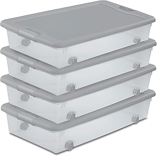Sterilite 4 Pack Wheeled Under Bed Storage Container, 56 Qt Plastic Bin ...