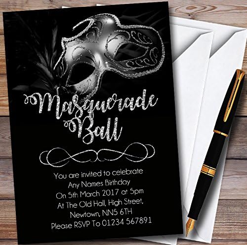 Silver Glitter Mask Masquerade Ball Personalized Party Invitations