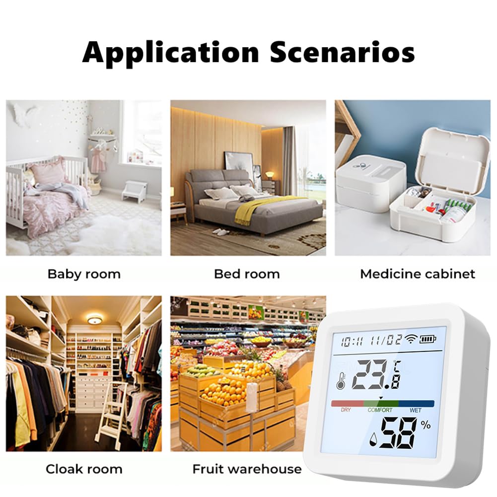 WiFi Hygrometer Thermometer, Indoor Tuya Wireless Smart Temperature and Humidity Sensor Backlight LCD Screen Thermometer Monitor with App Control, Compatible with Alexa, Google Home (White)