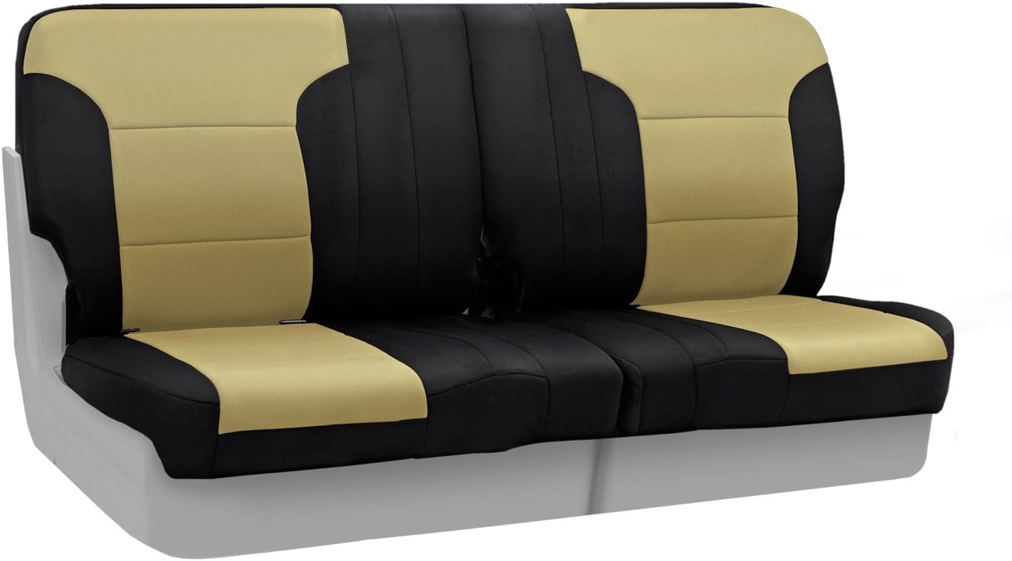 Coverking Custom Fit Rear 50/50 Split Cushion Seat Cover for Select Chevrolet Camaro Models - Neosupreme (Tan with Black Sides)