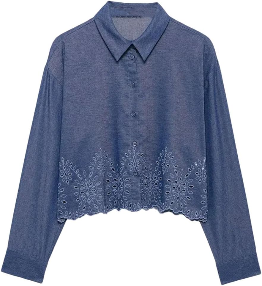 Women's Hollow Embroidery Lapel Solid Color Shirt