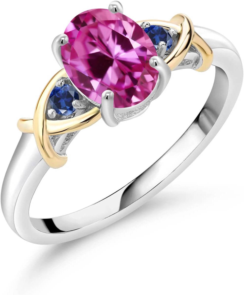 Gem Stone King 1.74 Cttw 925 Silver and 10K Yellow Gold Pink and Blue Created Sapphire 3-Stone Engagement Ring | Oval 8X6MM & Round 2MM | 3 Stone Wedding Anniversary Promise Ring For Women