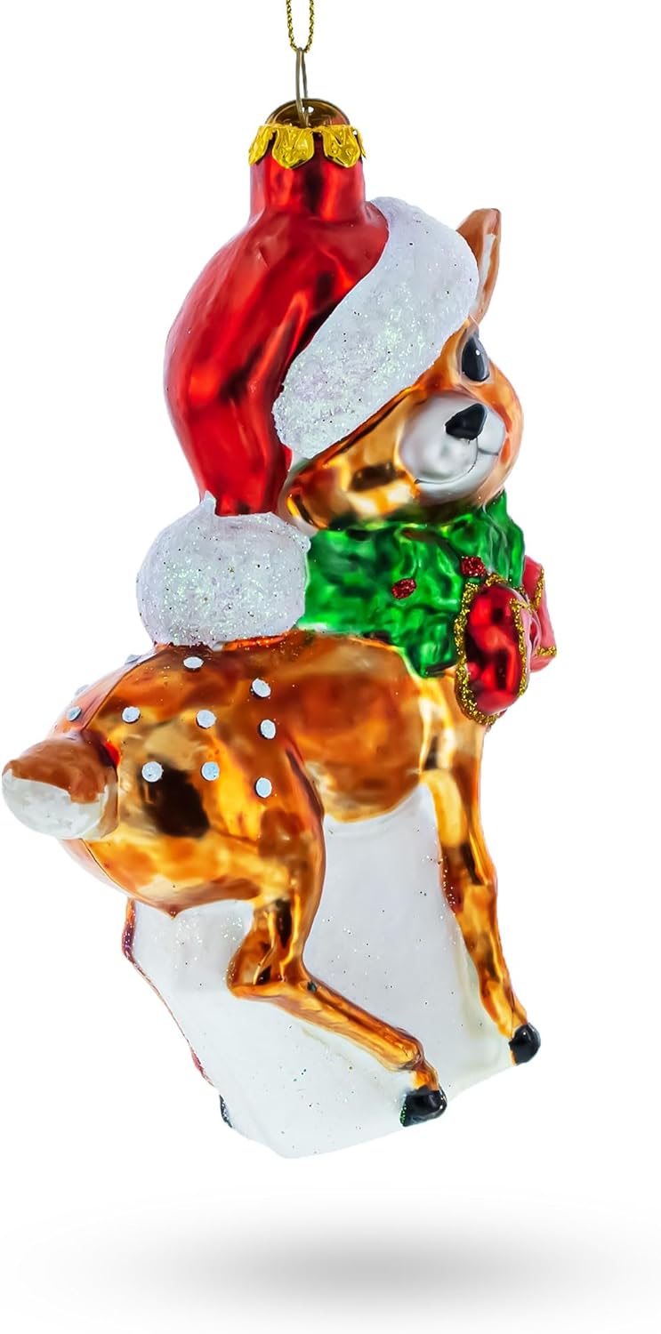 Reindeer with Santa Hat Glass Christmas Ornament - Image 2