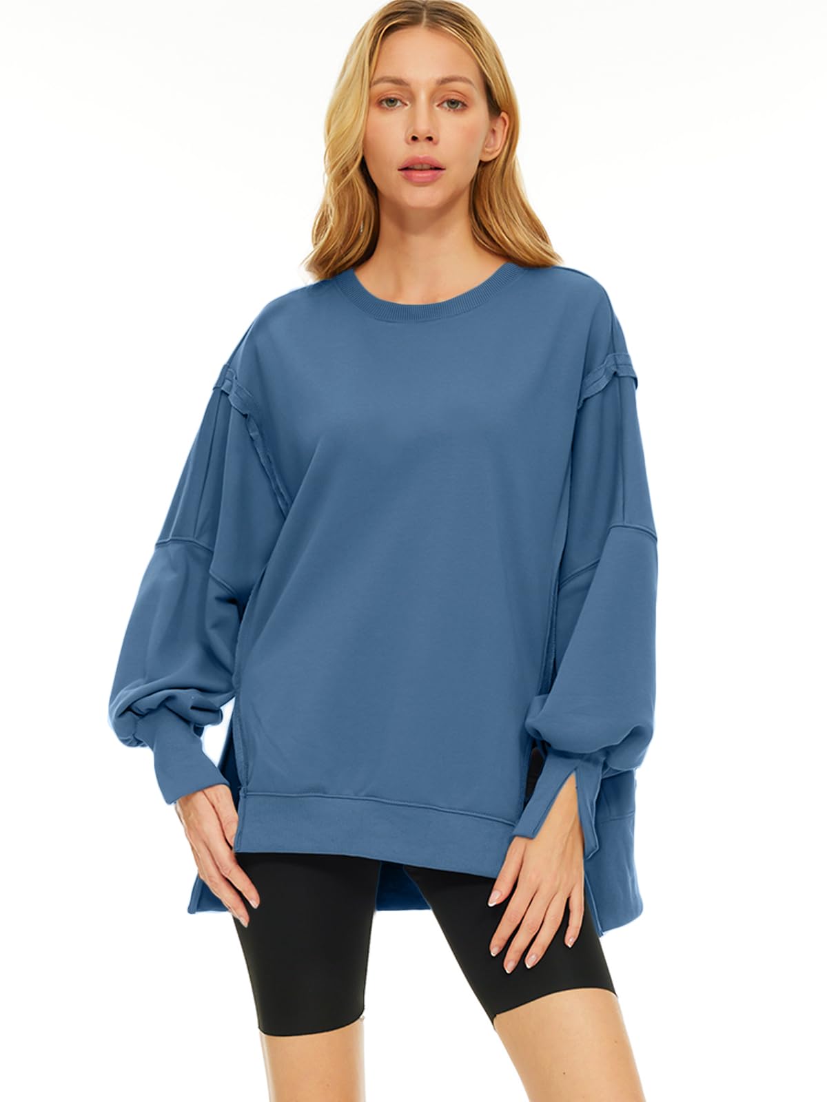 Damskie swetry oversize bluzy z okrągłym dekoltem bluzy zimowe modne ubrania Y2k nastolatki śliczne polarowe stroje 2024, Szaryniebieski, L