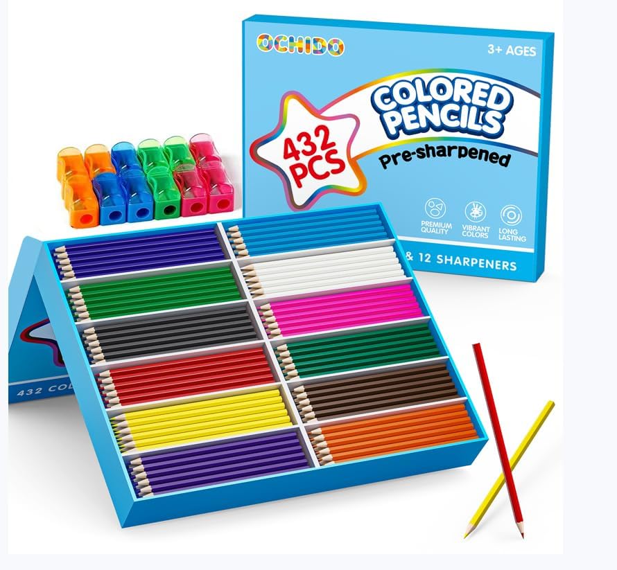OCHIDO 432 Count Colored Pencils Bulk, Pre-sharpened Colored Pencils for Kids in 12 Bright Colors, Color Pencil Set with 12 Sharpeners, Back to School Supplies Classroom Essentials for Teachers
