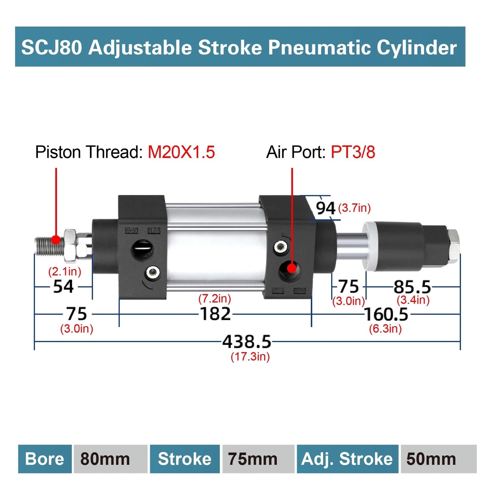 SCJ-Serie verstellbarer Hub-Luftzylinder, 80 mm Bohrung, 181 kg Schub, doppeltwirkender Pneumatikzylinder mit Magnetkolben